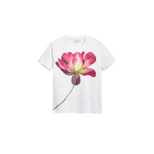 White t-shirt with pink flower design and green stem by Desigual for women