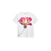 White t-shirt with pink flower design and green stem by Desigual for women