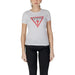 White T-shirt with red triangular Guess logo and question mark on light blue cotton fabric