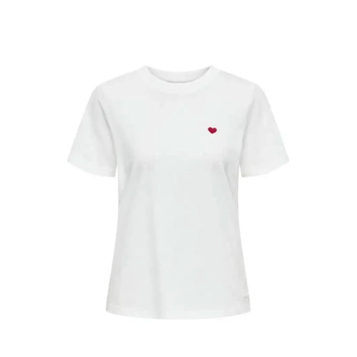 White Jacqueline De Yong Women T-Shirt with small red heart embroidery on chest