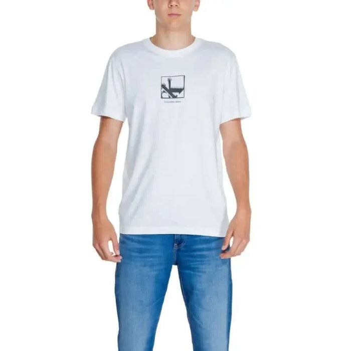 Calvin Klein Jeans Men T-Shirt: White with Small Square Graphic on Chest