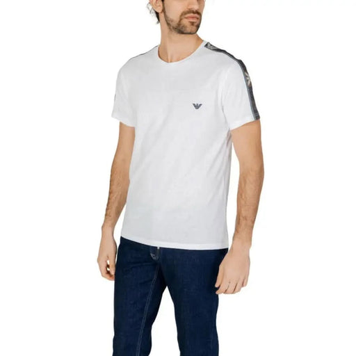 White Emporio Armani Men T-shirt featuring small logo and dark sleeve stripe