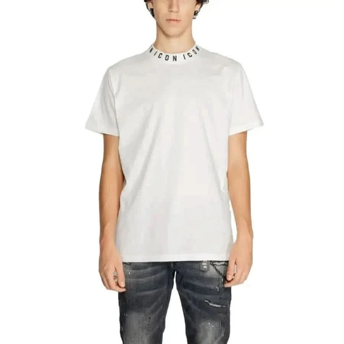 White Icon Men T-Shirt featuring printed text around the collar for stylish appeal