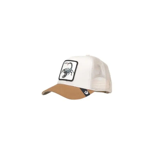 White and tan Goorin Bros Men Cap featuring a black animal patch on the front