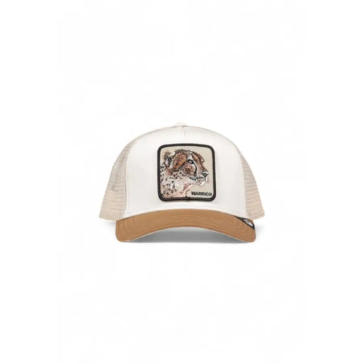 White and tan trucker baseball cap with bulldog patch by Goorin Bros