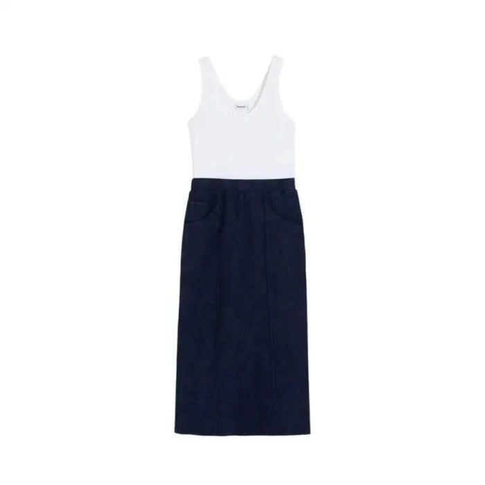 Desigual Sleeveless Blue Dress with Round Neck, Front Pockets, White Tank Top, Navy Skirt