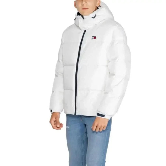 White Tommy Hilfiger puffer jacket with hood and black zipper for men