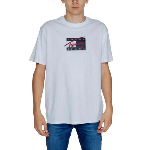 White Tommy Jeans T-Shirt: Featuring a bold logo on the chest, from Tommy Hilfiger Jeans Men