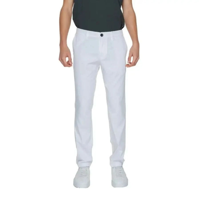 Armani Exchange Men Trousers paired with white sneakers showcasing a stylish, monochromatic look