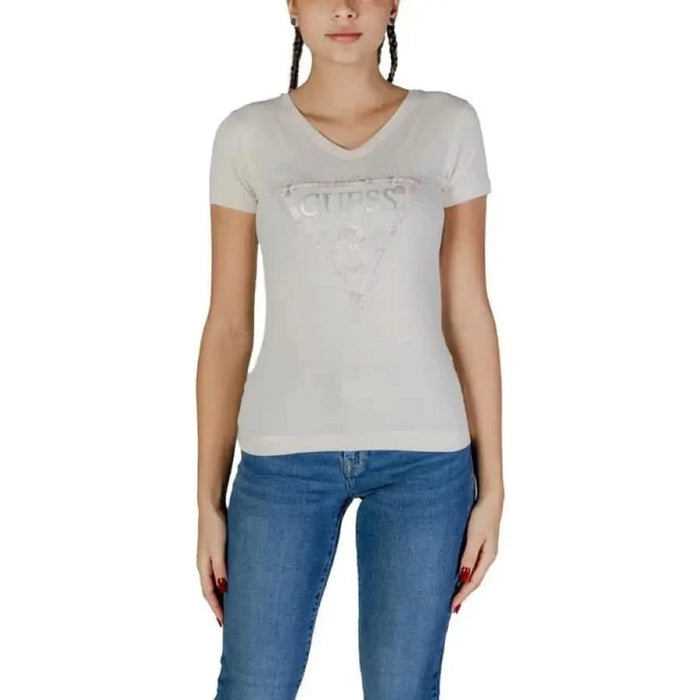 White v-neck t-shirt featuring a metallic logo graphic from Guess Women T-Shirt collection