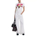 White wide-leg pants with floral t-shirt and black floral handbag outfit by Desigual