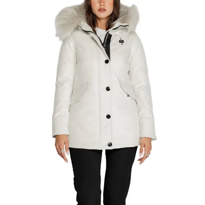 White winter coat with fur-trimmed hood from Blauer women’s jacket collection