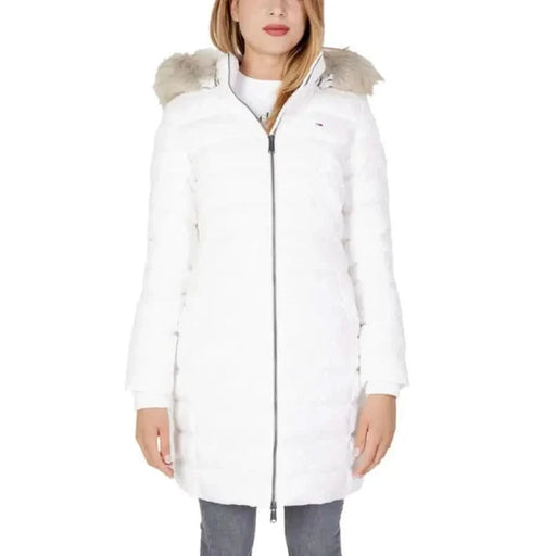 White winter coat with fur-trimmed hood and zipper - Tommy Hilfiger Jeans Women Jacket