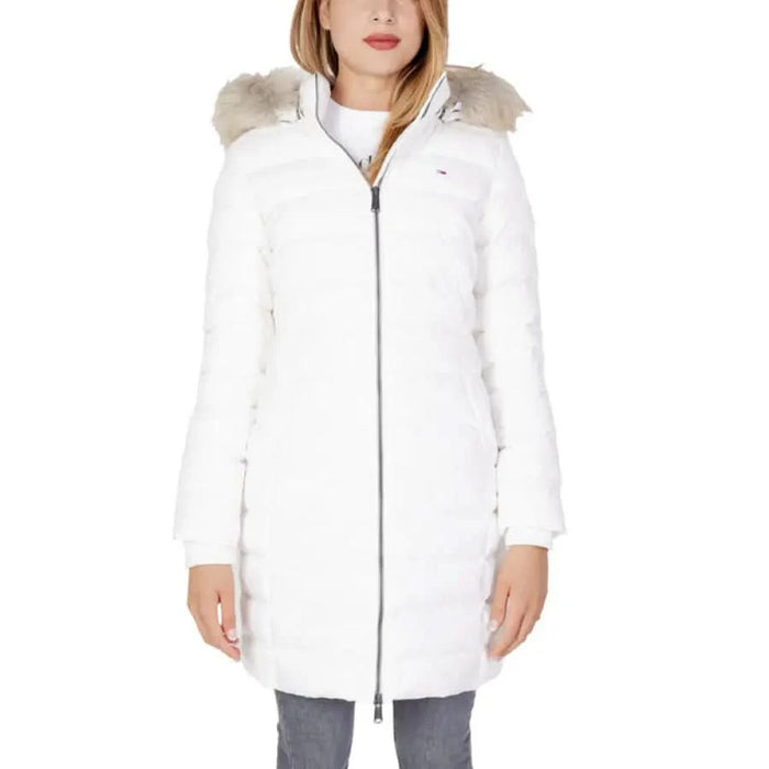 White winter coat with fur-trimmed hood and zipper - Tommy Hilfiger Jeans Women Jacket