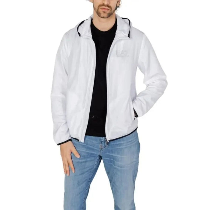 White zip-up jacket with hood and black trim from EA7 Men Blazer collection