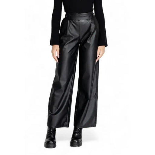 Wide-leg black leather trousers by Jacqueline De Yong for women’s fashion