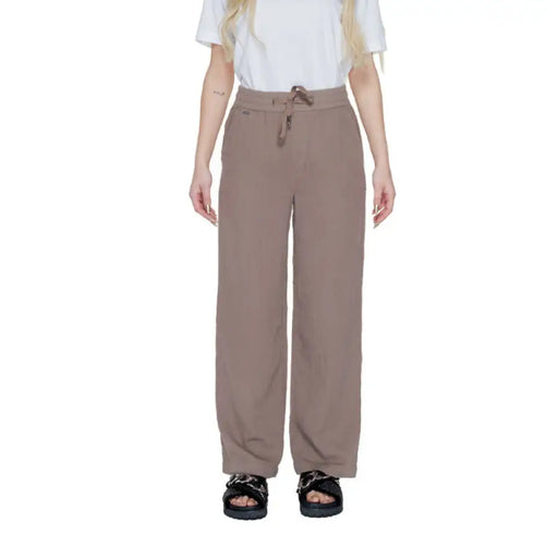 Wide-leg taupe trousers with drawstring waist from Street One Women Trousers collection