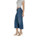 Woman in cropped wide-leg Replay Blue Jeans with front pockets and nude heels