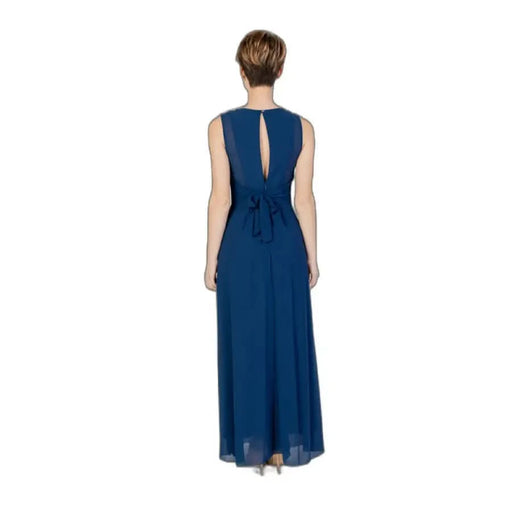 Woman in a long blue dress showcasing Rinascimento Blue Sleeveless V-Neck Dress