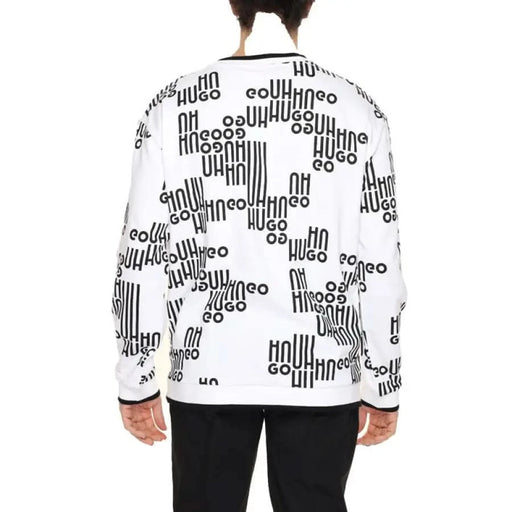 Woman in white jacket with black letters, Hugo Men Sweatshirts