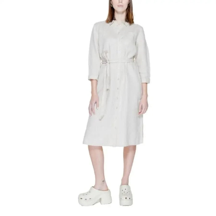 Urban style white shirt dress with belt - Street One Women Dress