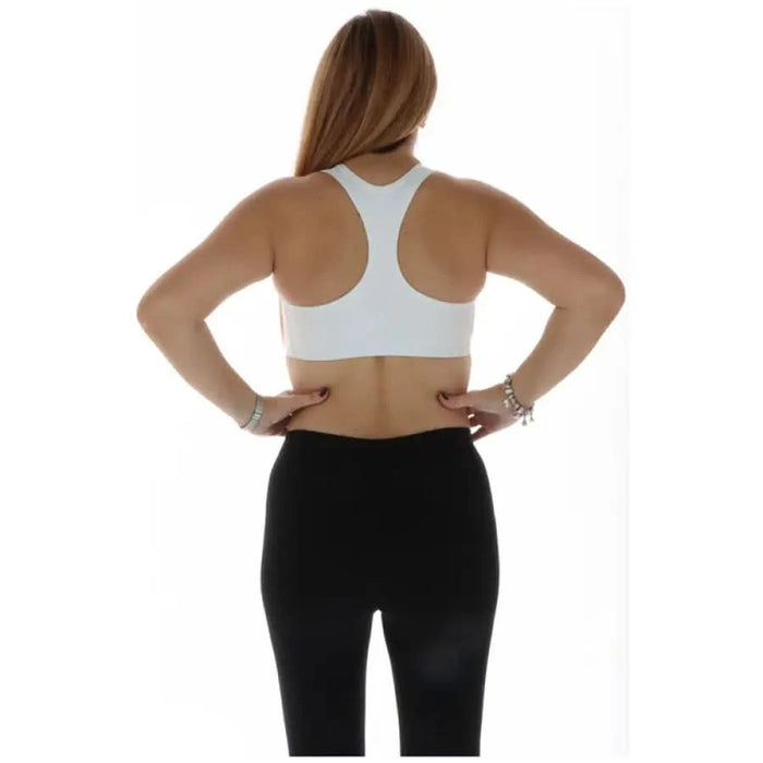 Woman in white sports bra and black leggings, Nike Women Top, back view