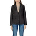 Woman wearing a stylish Women’s Black Blazer with Lapel Collar and Button Detail with blue jeans