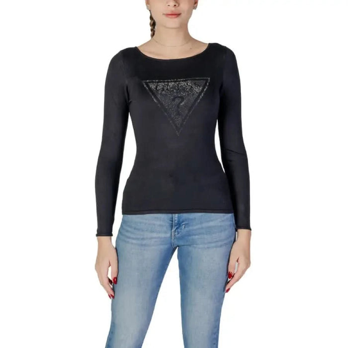 Woman’s black long-sleeved Guess logo shirt in a round neck design