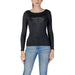 Woman’s black long-sleeved Guess logo shirt in a round neck design