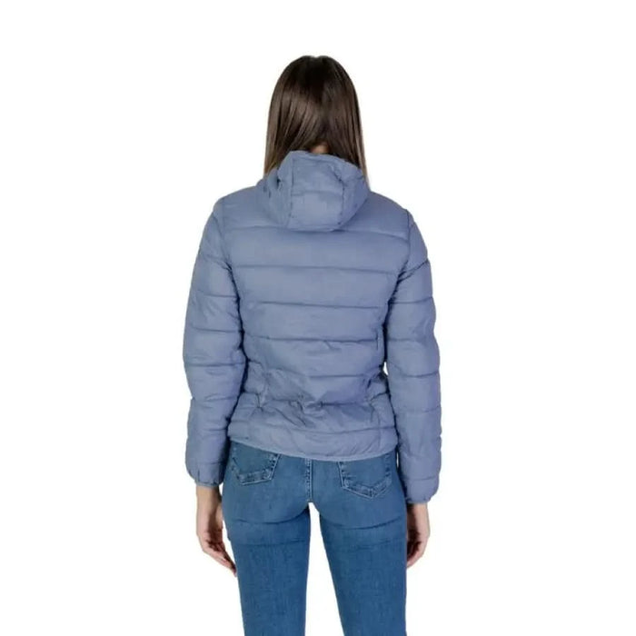 Light blue hooded puffer jacket for women by B.young with turtleneck and pockets