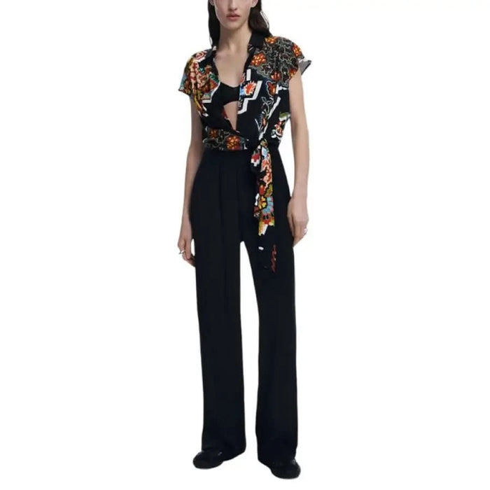 Desigual Women’s Black Print Short Jumpsuit featuring floral-print wrap top and black pants