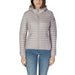 Woman in light gray hooded puffer jacket by Colmar Originals for stylish winter wear