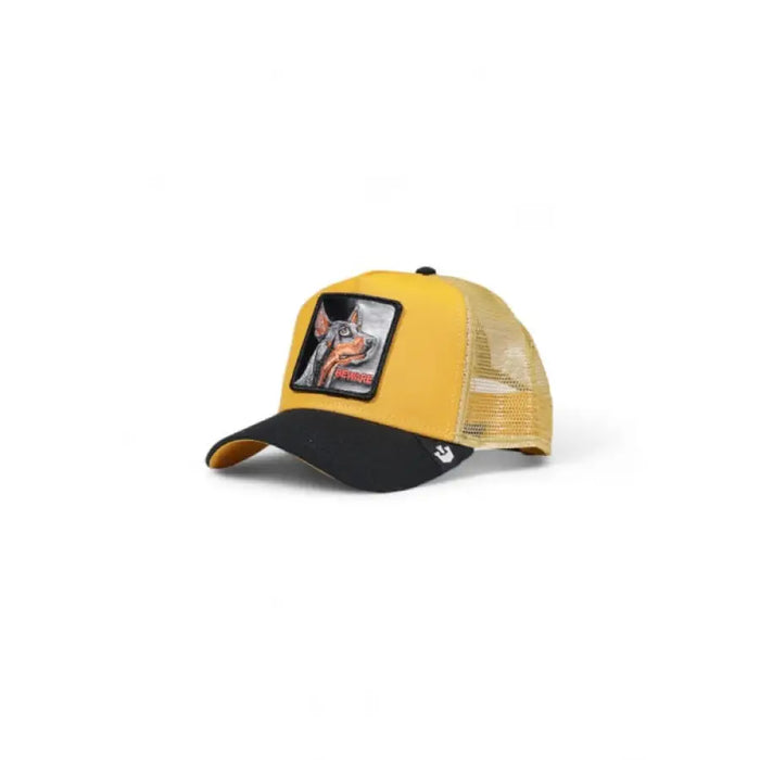 Yellow and black mesh trucker cap with decorative patch for Goorin Bros men’s collection