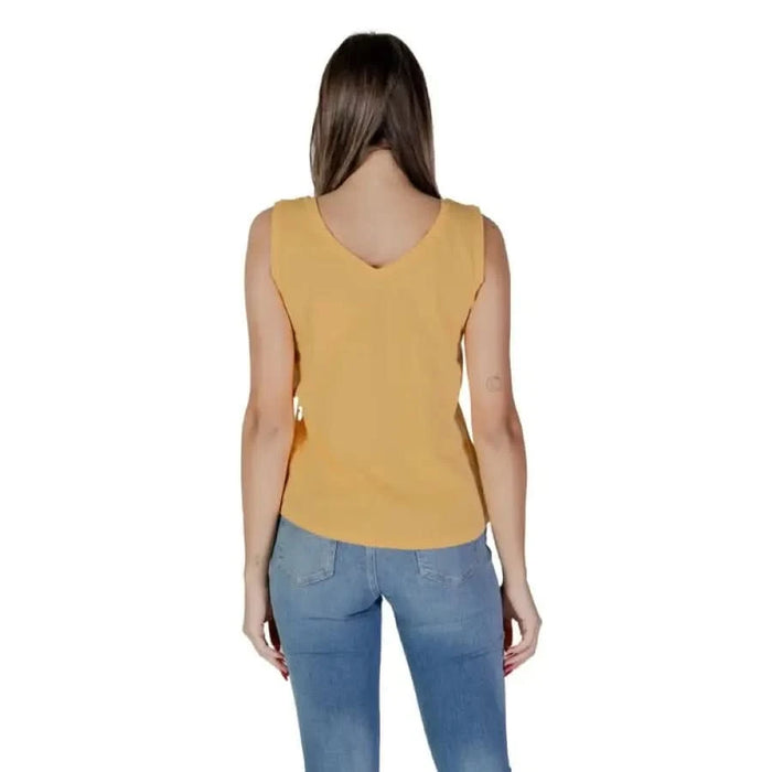 Yellow sleeveless cotton blend tank top with a v-neck back by B.young Women’s Fashion