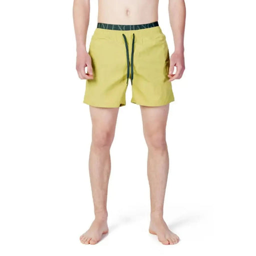 Armani Exchange Men Swimwear Yellow Swim Shorts with Dark Waistband and Drawstring