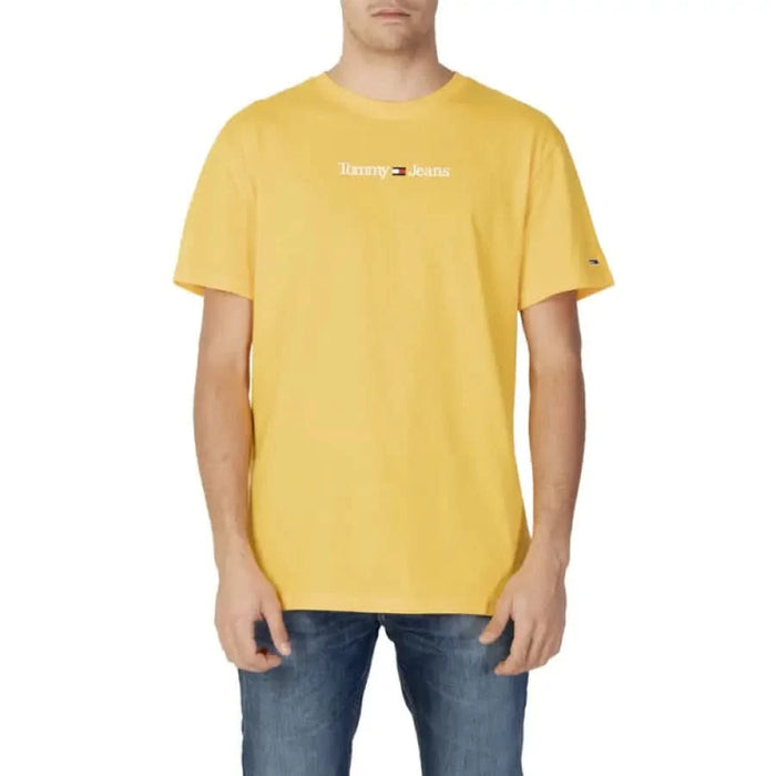 Yellow Tommy Hilfiger Jeans t-shirt with white logo text on the chest for men