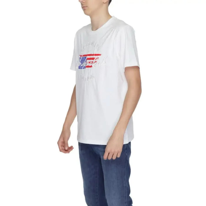 Young man in an Underclub urban style t-shirt with red, white, and blue graphic